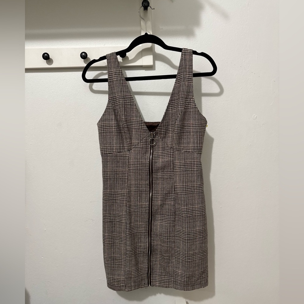 Plaid Zip-Front Mini Dress - Brown